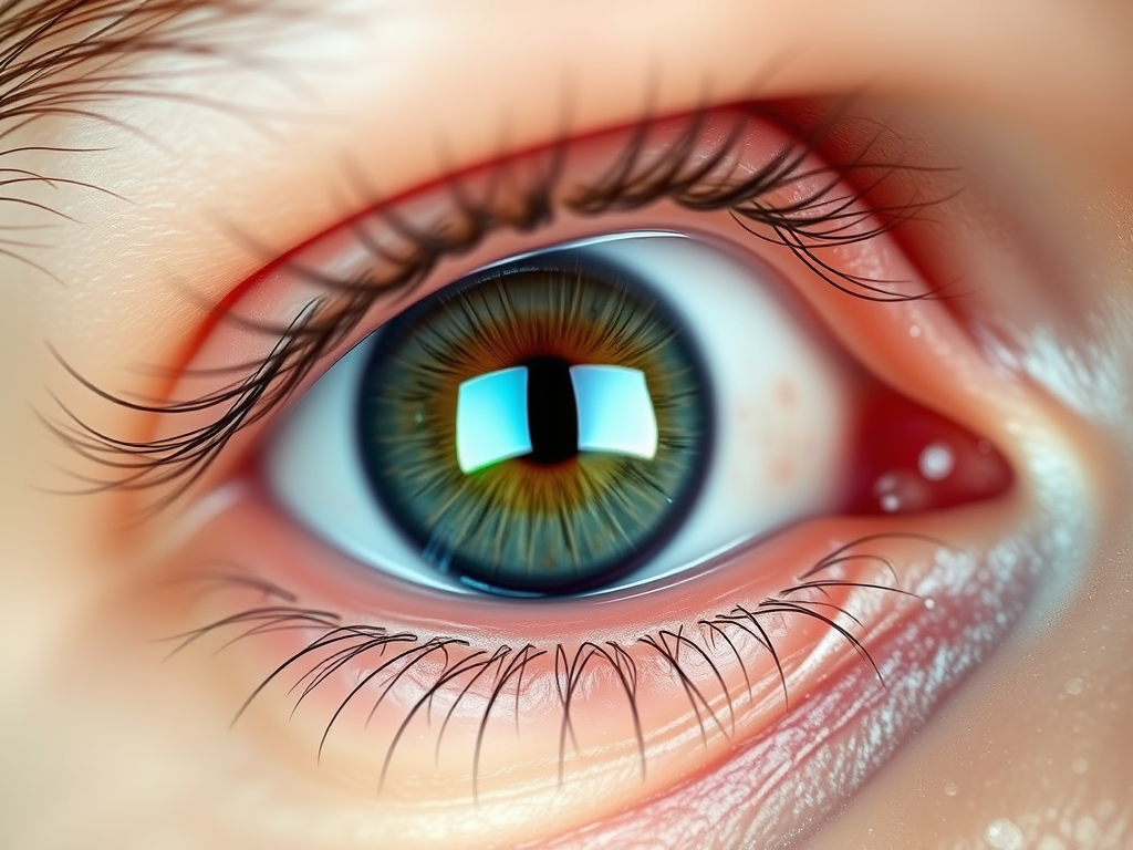 충혈된 눈과 각막 주변의 염증을 강조한 클로즈업 이미지로, 각막 상처와 결막염 초기 증상을 시각적으로 보여주는 그림